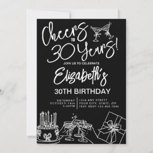 Trendy Black & White Whimsical 30th Birthday Invitation