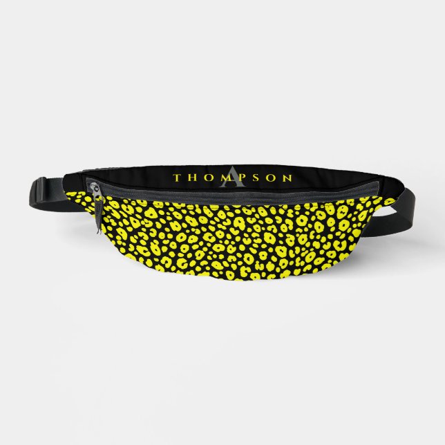 Trendy Black Yellow Leopard Animal Print Monogram Bum Bags (Front)