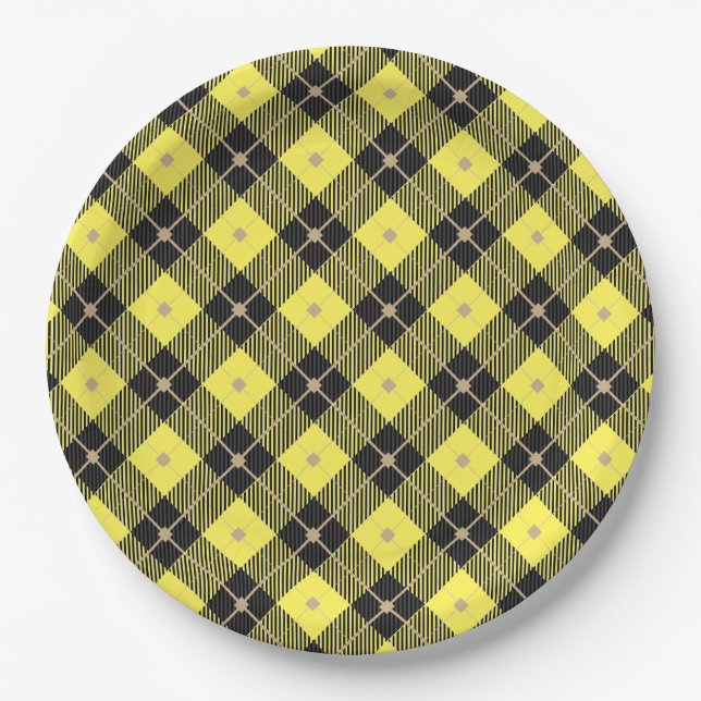 Trendy Black Yellow Plaid Pattern Paper Plate (Front)