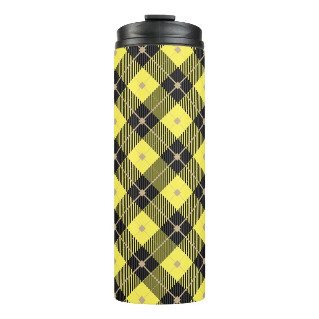 Trendy Black Yellow Plaid Pattern Thermal Tumbler (Front)