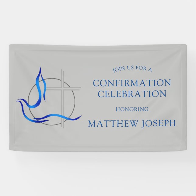 Trendy Blue and Grey Cross Dove Confirmation Banner (Horizontal)