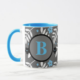 Trendy Blue and Grey Floral Monogram Mug