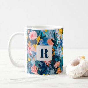 Trendy Blue and Pink Abstract Botanical Monogram Coffee Mug
