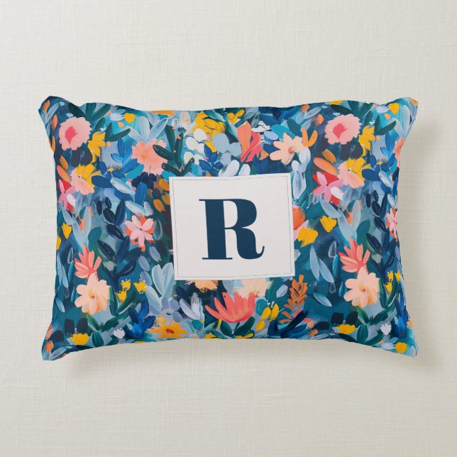 Trendy Blue and Pink Abstract Botanical Monogram Decorative Cushion (Front)