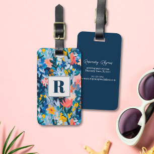 Trendy Blue and Pink Abstract Botanical Monogram Luggage Tag