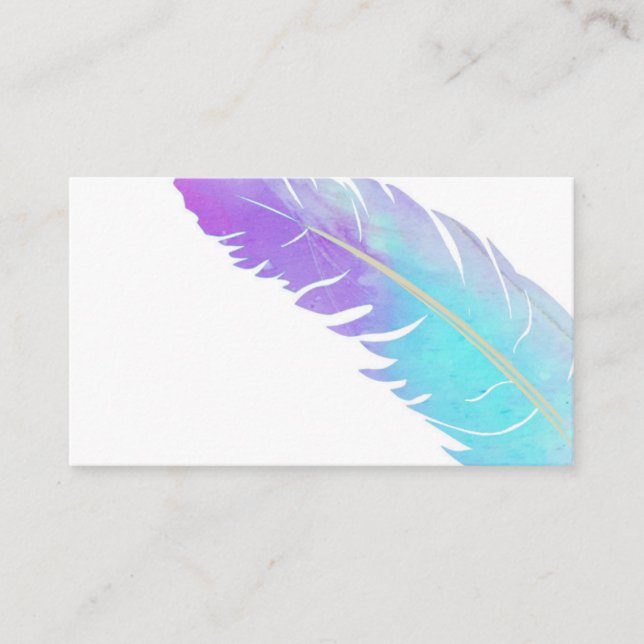 trendy blue and purple watercolor feather custom business card (Front)