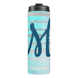 Trendy blue and silver monogram thermal tumbler