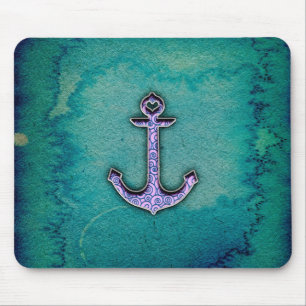 Trendy Blue and teal watercolor Heart Anchor Mouse Mat