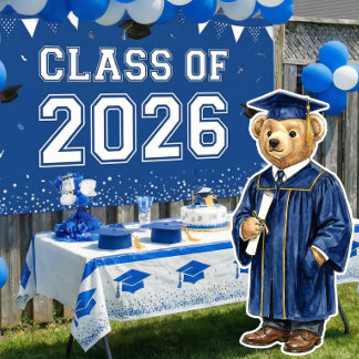Trendy Blue Bear Printable Graduation Party Decor