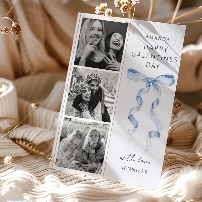 Trendy Blue Bow 3 Photo Galentines Day Card (Creator Uploaded)