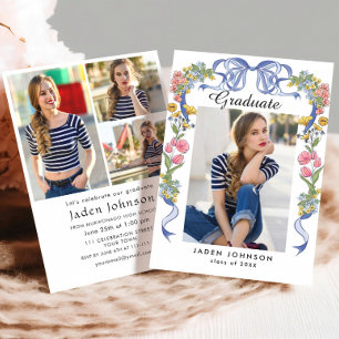 Trendy Blue Bow Coquette 4 PHOTO Graduation Party Invitation