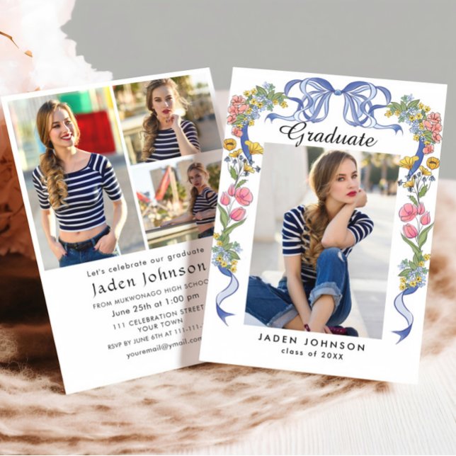 Trendy Blue Bow Coquette 4 PHOTO Graduation Party Invitation (Creator Uploaded)