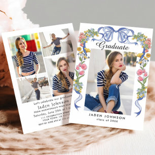 Trendy Blue Bow Coquette 5 PHOTO Graduation Party Invitation