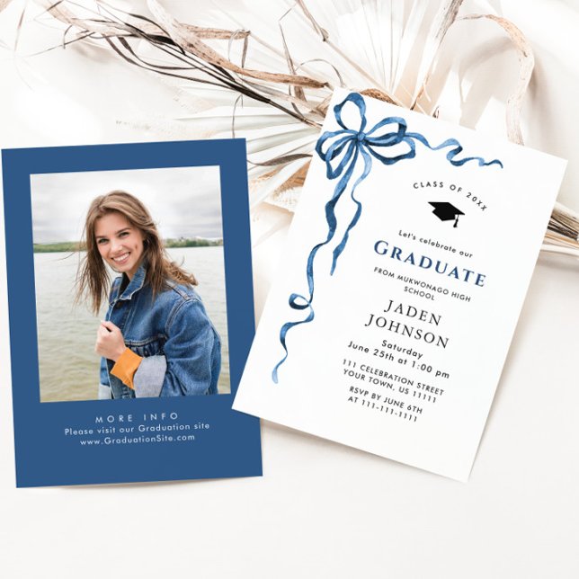 Trendy Blue Bow Coquette PHOTO Graduation Party Invitation (Creator Uploaded)