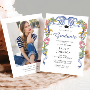 Trendy Blue Bow Coquette PHOTO Graduation Party Invitation