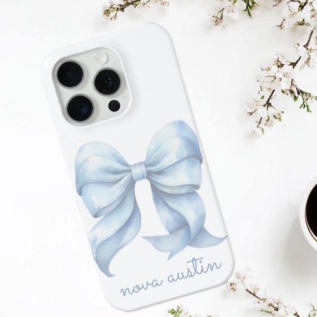 Trendy Blue Bow Personalised With Name Monogram Case-Mate iPhone Case (Creator Uploaded)