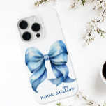 Trendy Blue Bow Personalised With Name Monogram iPhone 15 Pro Case<br><div class="desc">Elevate your iPhone's style with this Trendy Blue Bow Personalised With Name Monogram iPhone Case. The perfect blend of elegance and personalisation, this case features a delicate watercolor bow design that captures the essence of a preppy coquette aesthetic. The vintage-inspired monogram adds a touch of sophistication, making it a unique...</div>