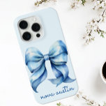 Trendy Blue Bow Personalised With Name Monogram iPhone 15 Pro Case<br><div class="desc">Elevate your phone’s style with the Trendy Blue Bow Personalised With Name Monogram iPhone Pro Case. This elegant phone case combines a trendy aesthetic with a touch of vintage charm, featuring a chic blue watercolor bow and customisable monogram. Perfect for those who appreciate a preppy coquette style, this custom name...</div>