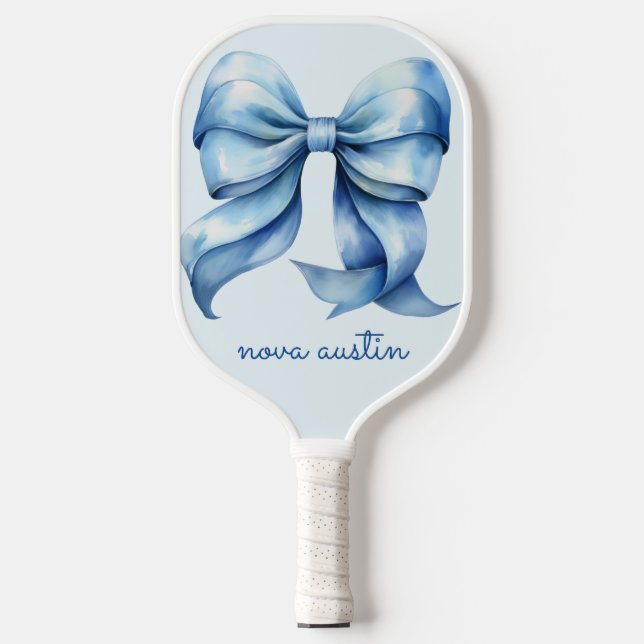 Trendy Blue Bow Personalised With Name Monogram Pickleball Paddle (Front)