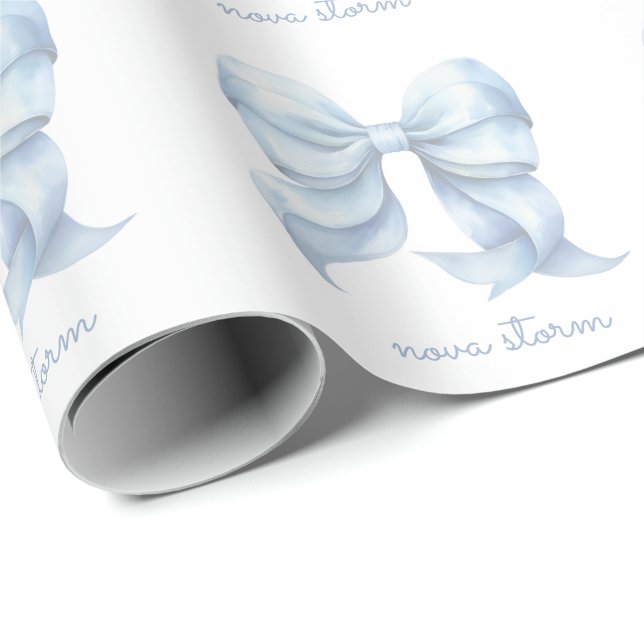 Trendy Blue Bow Personalised With Name Monogram Wrapping Paper (Roll Corner)