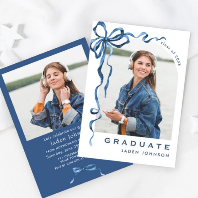 Trendy Blue Bow Ribbon 2 PHOTO Graduation Party Invitation (Creator Uploaded)
