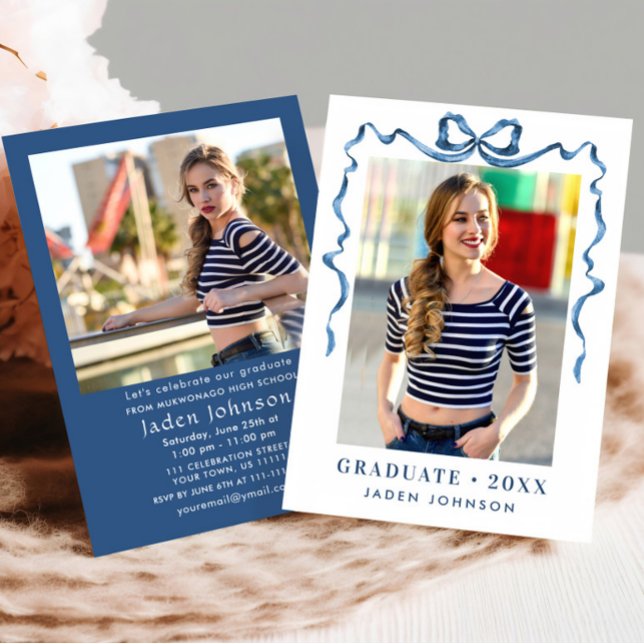 Trendy Blue Bow Ribbon 2 PHOTO Graduation Party Invitation (Creator Uploaded)