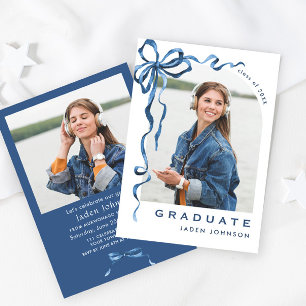 Trendy Blue Bow Ribbon 2 PHOTO Graduation Party Invitation