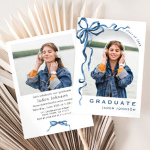 Trendy Blue Bow Ribbon 2 PHOTO Graduation Party Invitation