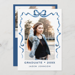Trendy Blue Bow Ribbon 2 PHOTO Graduation Party Invitation