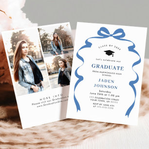 Trendy Blue Bow Ribbon 3 PHOTO Graduation Party Invitation