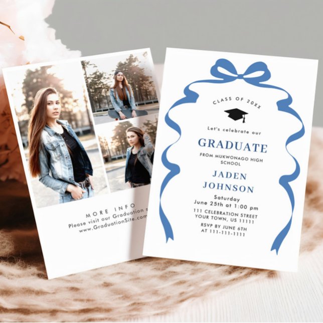 Trendy Blue Bow Ribbon 3 PHOTO Graduation Party Invitation (Creator Uploaded)