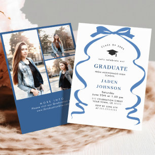 Trendy Blue Bow Ribbon 3 PHOTO Graduation Party Invitation