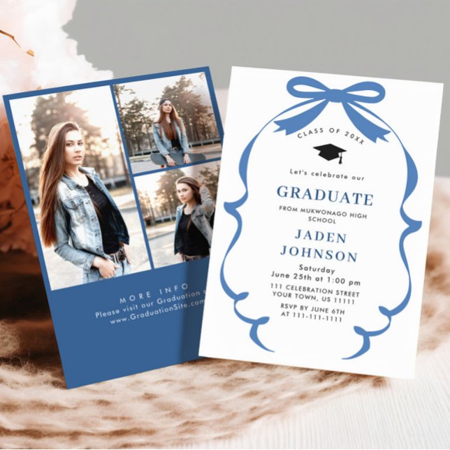 Trendy Blue Bow Ribbon 3 PHOTO Graduation Party Invitation (Creator Uploaded)