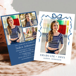 Trendy Blue Bow Ribbon 4 PHOTO Graduation Party Invitation