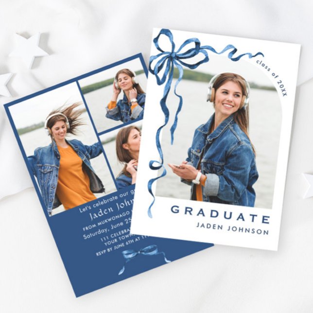 Trendy Blue Bow Ribbon 4 PHOTO Graduation Party Invitation (Creator Uploaded)