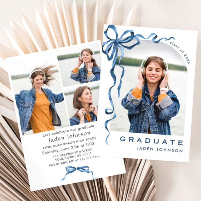 Trendy Blue Bow Ribbon 4 PHOTO Graduation Party Invitation (Creator Uploaded)