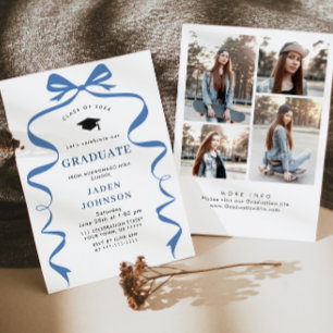 Trendy Blue Bow Ribbon 4 PHOTO Graduation Party Invitation