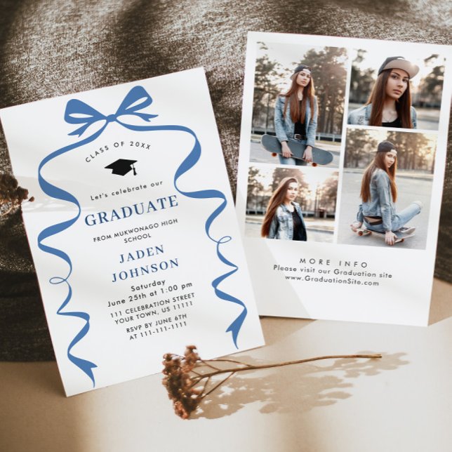 Trendy Blue Bow Ribbon 4 PHOTO Graduation Party Invitation (Creator Uploaded)