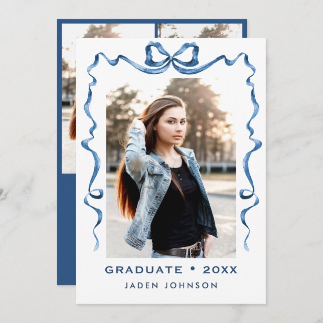 Trendy Blue Bow Ribbon 4 PHOTO Graduation Party Invitation (Front/Back)