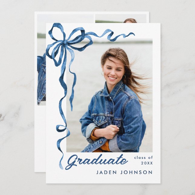 Trendy Blue Bow Ribbon 4 PHOTO Graduation Party Invitation (Front/Back)
