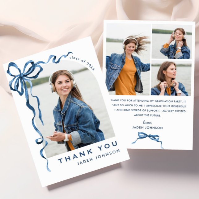 Trendy Blue Bow Ribbon 4 PHOTO Graduation Thank You Card (Creator Uploaded)
