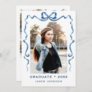 Trendy Blue Bow Ribbon 5 PHOTO Graduation Party Invitation
