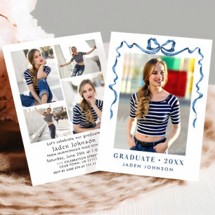 Trendy Blue Bow Ribbon 5 PHOTO Graduation Party Invitation