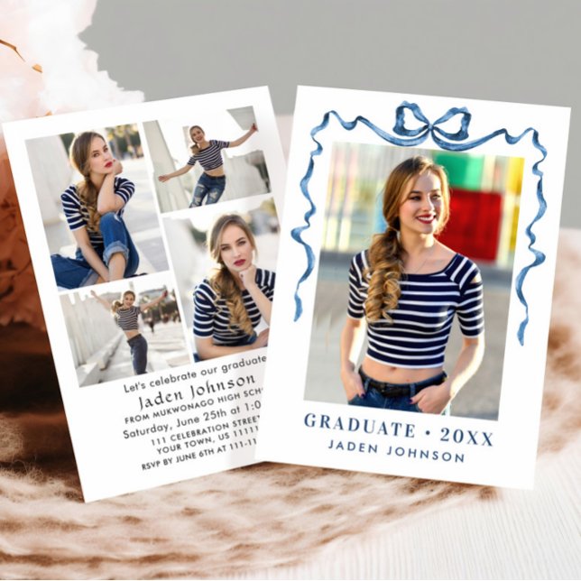 Trendy Blue Bow Ribbon 5 PHOTO Graduation Party Invitation (Creator Uploaded)