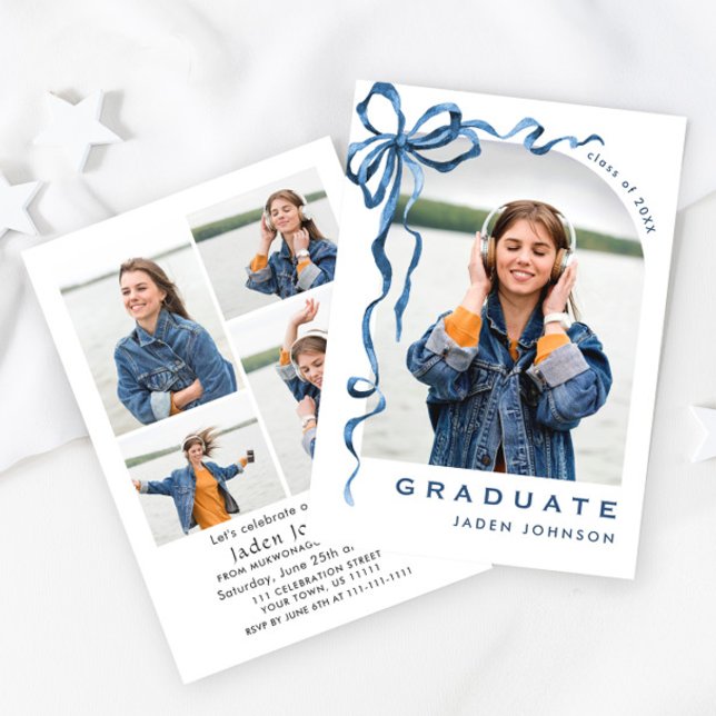Trendy Blue Bow Ribbon 5 PHOTO Graduation Party Invitation (Creator Uploaded)