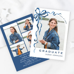 Trendy Blue Bow Ribbon 5 PHOTO Graduation Party Invitation