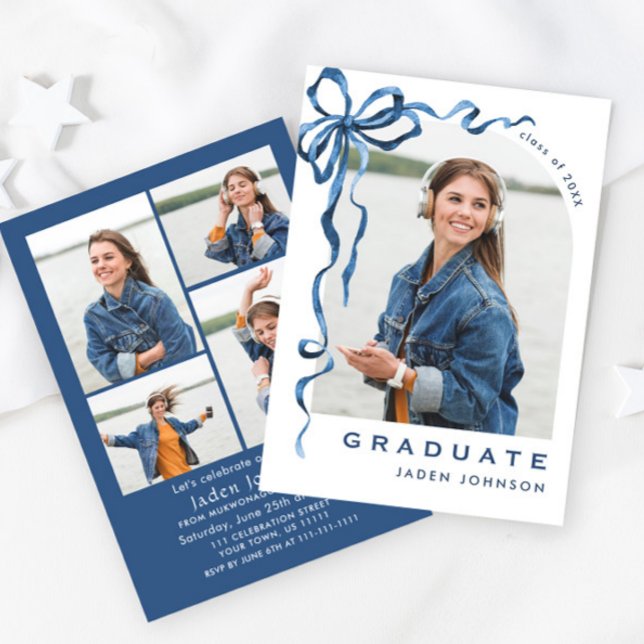 Trendy Blue Bow Ribbon 5 PHOTO Graduation Party Invitation (Creator Uploaded)
