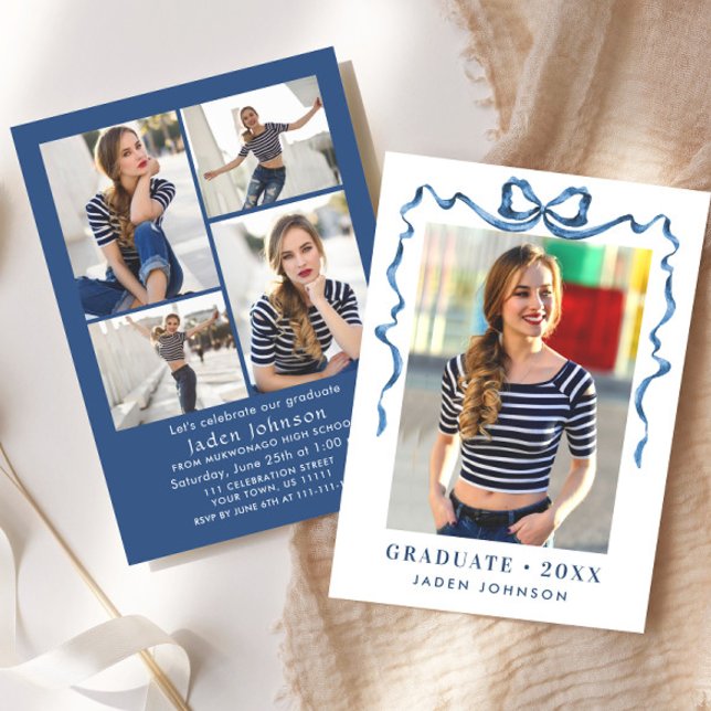 Trendy Blue Bow Ribbon 5 PHOTO Graduation Party Invitation (Creator Uploaded)