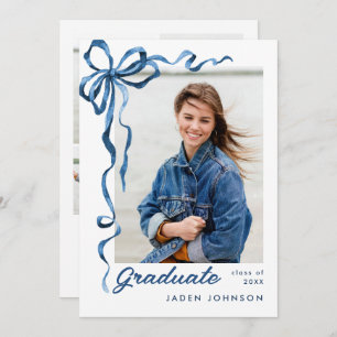 Trendy Blue Bow Ribbon 5 PHOTO Graduation Party Invitation