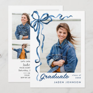 Trendy Blue Bow Ribbon 5 PHOTO Graduation Party Invitation